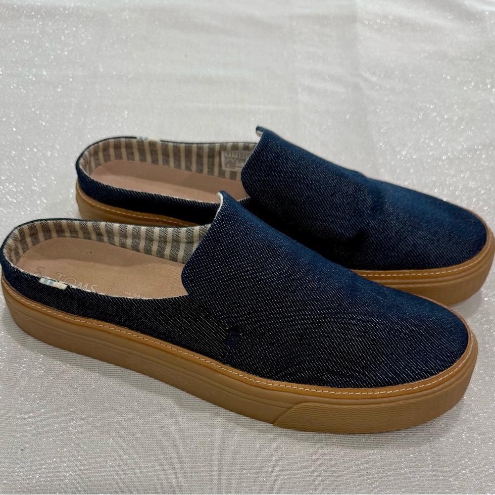 Toms Navy Denim Slip-On Mules with Tan Platform Sole